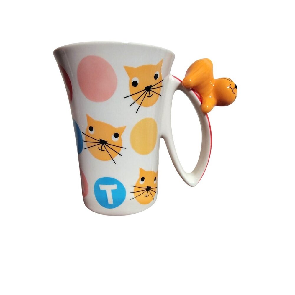 Indra Retro Style Cat Coffee Tea Cup Mug, 3-D Cat on Handle, Hand Painted